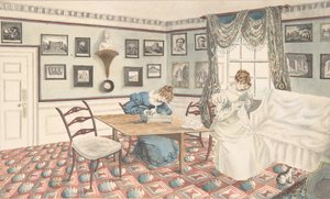 Twee jonge vrouwen aan het schrijven en naaien in een interieur in Hatton, Warwickshire, 1820-30 door Granddaughters of Dr. Samuel Parr.