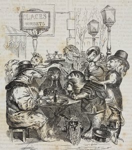 Beesten zittend in ijssalon, lithografie door Giovanni Mariani naar karikatuur van Jean-Jacques Grandville uit Poliorama Pittoresco, nr. 24, 21 januari