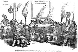 Spotprent van Grandville die een korporaal en zijn mannen afbeeldt in de Salle des Barbes, zittend met een stoommachine die hen scheert zonder de hulp van een barbier. In 