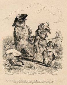 Twee kleine hazen met hun grote zus gestopt door een uil in een veld. Een vos die aan het jagen is staat achter hen. Vignetten geïllustreerd door JJ Granville. Gravure gesigneerd Breviere in het deel "Verhaal van een haas" geschreven door PJ Stahl in door Grandville