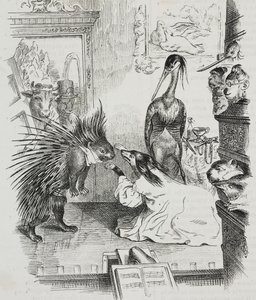 Hond en stekelvarken, karikatuur door Jean-Jacques Grandville (1803-1847), lithografie door Giovanni Mariani uit Poliorama Pittoresco, nr. 38, 30 april door Grandville