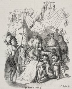 Leeuw van Afrika, karakter uit verhaal van Afrikaanse Leeuw en drie jonge leeuwen, lithografie door Filippo Molino naar tekening van Jean-Jacques Grandville