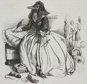 Geleerde vrouw, karikatuur door Jean-Jacques Grandville (1803-1847), lithografie door Giovanni Mariani uit Poliorama Pittoresco, nr. 18, 11 december