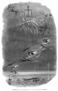 Een scène gedroomd door cartoonist Grandville tijdens een nachtmerrie die net aan zijn dood voorafging. Georges Bataille schreef over deze gravure: de crimineel droomt dat hij net een man heeft geslagen in een donker bos.. Menselijk bloed werd verspreid en door Grandville (1803 47)