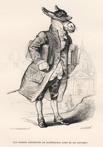 Ezel academicus beladen met werken. Vignetten geïllustreerd door JJ Granville. Gravure gesigneerd Caque in het deel "Gids-ezel voor dieren die eer willen bereiken" geschreven door Honoré De Balzac in "Scènes uit het privé- en openbare leven van dieren". Pa door Grandville