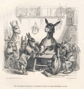 Ezels op school. Vignetten geïllustreerd door JJ Granville. Gravure gesigneerd Caque in het deel "Gids-ezel voor dieren die eer willen bereiken" geschreven door Honoré De Balzac in "Scènes uit het privé- en openbare leven van dieren". Parijs door Grandville
