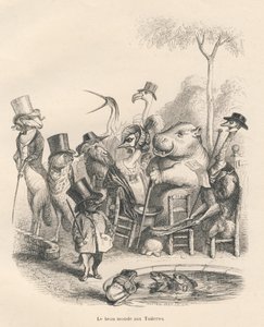 Dieren in elegante kleding wandelen in de Tuilerieën. Vignetten geïllustreerd door JJ Granville. Gravure gesigneerd door Andrew, Best en Leloir in het deel 