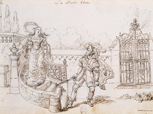 Blauwbaard, illustratie voor sprookje van Charles Perrault (1628-1703), gravure door Grandville (1803-1847)