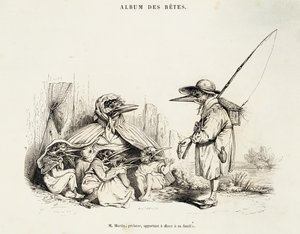 Karikatuur van vogels uit Album des betes door Jean-Ignace-Isidore Gerard, bekend onder pseudoniem Jean-Jacques of J. J. Grandville, en Wilhelm von Kaulbach, Parijs door Grandville