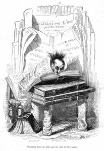 Cartoon: Chrysalid van een geleerde begraven in de boeken van een bibliotheek - Grandville gravure, uit het boek Privé en Openbaar Leven van Dieren (Les animaux geschilderd door hen zelf), Hetzel editie 1867 p. 563 - Hoofdstuk getiteld Tabletten van de G