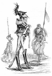 Cartoon van dieren - soldaten: Grandville gravure, uit het boek Privé en Openbaar Leven van Dieren (