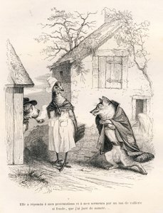 Gesprek tussen een hond, een kip en een vos. Vignetten geïllustreerd door JJ Granville. Gravure gesigneerd Godard in het deel 