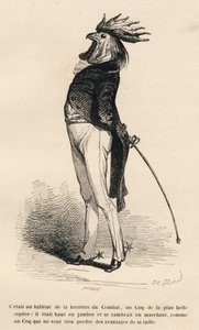 Haan gewend aan de vechtbarrière die trots marcheert. Geïllustreerde vignetten door JJ Granville. Gravure gesigneerd door Caque in het deel "Verhaal van een haas" geschreven door PJ Stahl in "Scènes uit het privé- en openbare leven van dieren". Parijs, J. 