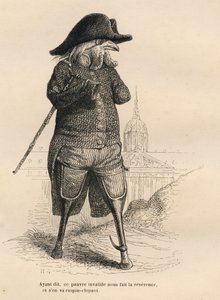Invalide haan voor het Hôtel des Invalides in Parijs. Geïllustreerde vignetten door JJ Granville. Gravure gesigneerd door Andrew, Best en Leloir in het deel getiteld "De dierenartsen" geschreven door Pierre Bernard in "Scènes uit het privé- en openbare lev