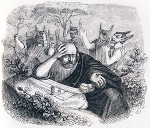 Democritus (460-370 v.Chr.) en de Abderitans. (Brief van Hippocrates) - Fabels van La Fontaine door Grandville