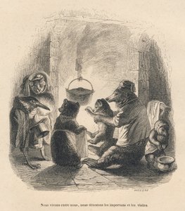 Twee bezoekers komen de berenfamilie lastigvallen die voor de open haard zit waarin een ketel aan een haak hangt. Vignetten geïllustreerd door JJ Granville. Gravure gesigneerd Breviere in het deel "De beer of Brief