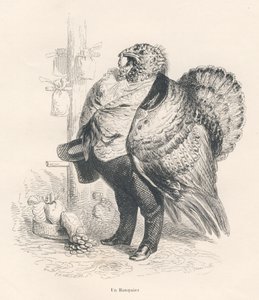 Kalkoen als bankier. Geïllustreerde vignetten door JJ Granville. Gravure gesigneerd Tamisier in het deel "Herinneringen van een oude kraai" geschreven door PJ Stahl in "Scènes uit het privé- en openbare leven van dieren". Parijs, J. Hetzel en Paulin