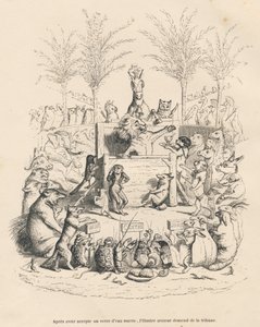 Politieke toespraak van de leeuw in een tribune omringd door alle andere dieren. Geïllustreerde vignetten door JJ Granville. Gravure gesigneerd door Godard in de proloog getiteld "Parlementair overzicht" geschreven door PJ Stahl in "Scènes uit het privé- e