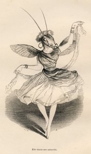 Zij danste een saltarelle. Geïllustreerde vignetten door JJ Granville. Gravure gesigneerd door Andrew, Best en Leloir in het deel getiteld "De avonturen van een vlinder" geschreven door PJ Stahl in "Scènes uit het privé- en openbare leven van dieren". Pari door Grandville