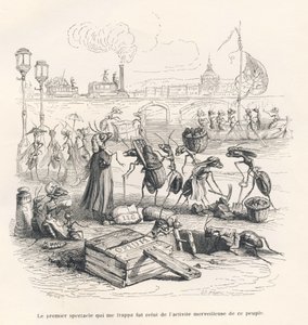 Mieren druk bezig aan de oevers van de Seine. Geïllustreerde vignetten door JJ Granville. Gravure gesigneerd door Porret in het deel getiteld "Reis van een mus uit Parijs" geschreven door George Sand in "Scènes uit het privé- en openbare leven van dieren".