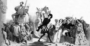 Franse romantische schrijvers (Alfred de Vigny, Victor Hugo, Alexandre Dumas de Oudere, Honoré de Balzac) willen de Franse Academie binnengaan maar de deuren zijn gesloten, gravure