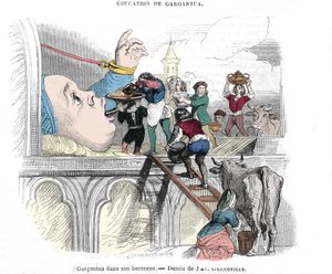 Gargantua personage uit de romans van Francois Rabelais (1483-1553), Franse schrijver: "De opvoeding van Gargantua" Gargantua in zijn wieg. Illustratie door Gerard Grandville (1803-1847) 19e eeuw door Grandville