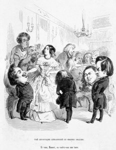 George Sand (Aurore Dupin, Barones Dudevant) (1804-1876) omringd door 4 schrijvers: Eugene Sue, Honoré de Balzac, Franz Liszt en Victor Hugo - in 