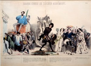 Grote race naar de academische klokkentoren. De schrijvers Alfred de Vigny, Eugene Sue, Alexandre Dumas en Honore de Balzac zijn herkenbaar. Gravure door Gerard Grandville door Grandville
