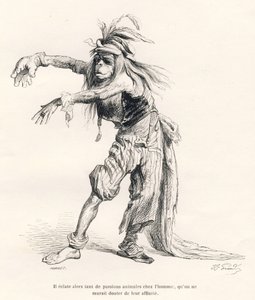 Er barsten dan zoveel dierlijke passies los bij de mens, dat men niet zou twijfelen aan hun affiniteit. Geïllustreerde vignetten door JJ Granville. Gravure gesigneerd Porret in het deel "Reis van een leeuw uit Afrika naar Parijs" geschreven door Honore de 