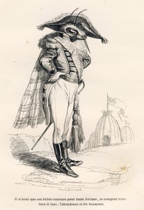 Hij had alleen zijn mooie kleuren als enige fortuin en rekende erop in luxe, overvloed en eer te leven. Vignetten geïllustreerd door JJ Granville. Gravure gesigneerd Andrew, Best en Leloir in het deel "Reis van een mus uit Parijs" geschreven door
