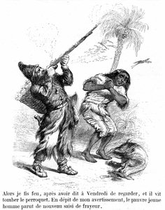 Illustratie van de roman Robinson Crusoe door Daniel Defoe door Grandville - editie Garnier 1869 p193. Robinson schiet met een geweer voor de angstige Vrijdag. door Grandville (1803 47)