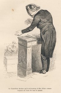 De kameleon verklaart dat hij gelukkig en trots is om altijd de mening van iedereen te delen. Geïllustreerde vignetten door JJ Granville. Gravure gesigneerd door Caque in de proloog getiteld "Parlementair overzicht" geschreven door PJ Stahl in "Scènes uit 