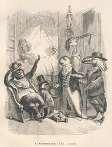 De luiaard geeuwde terwijl hij wachtte. Geïllustreerde vignetten door JJ Granville. Gravure gesigneerd Godard in het deel "De dierenartsen" geschreven door Pierre Bernard in "Scènes uit het privé- en openbare leven van dieren". Parijs, J. Hetzel en Paulin