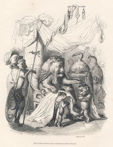 De jonge leeuwen ontvangen de zegen van de leeuwenkoning. Geïllustreerde vignetten door JJ Granville. Gravure gesigneerd door Breviere in het deel getiteld "Reis van een leeuw uit Afrika naar Parijs" geschreven door Honoré de Balzac in "Scènes uit het priv