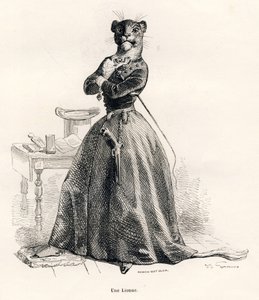 Leeuwin met een pistool en een zweep. Geïllustreerde vignetten door JJ Granville. Gravure gesigneerd door Andrew, Best en Leloir in het deel getiteld "Reis van een leeuw uit Afrika naar Parijs" geschreven door Honoré de Balzac in "Scènes uit het privé- en  door Grandville