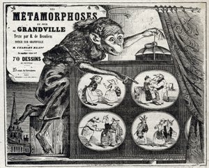 Literatuur. De dagelijkse metamorfose, door de karikaturist Jean Jacques Grandville. Poster, Frankrijk