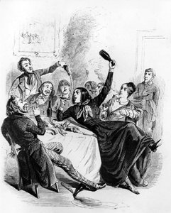 Lunch van jongens van beide geslachten: mannen en vrouwen die alcohol drinken en roken, tekening door Jean Ignace Isidore aka JJ Grandville door Grandville (1803 47)
