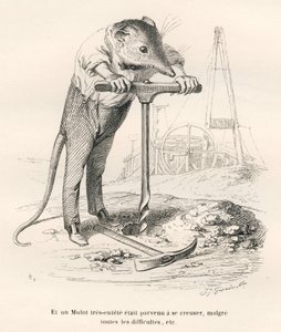 Muis die de grond doorboort. Vignetten geïllustreerd door JJ Granville. Gravure gesigneerd Breviere in het deel 