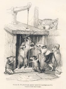 Val: Kat die muizen bespiedt die komen huilen om degene die gevangen is genomen. Vignetten geïllustreerd door JJ Granville. Gravure gesigneerd Andrew, Best en Leloir in het deel "De filosoof rat" geschreven door Edouard Lemoine in "Scènes uit het privé- en door Grandville