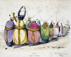Processie van kevers in geestelijke kleding (spotprent)