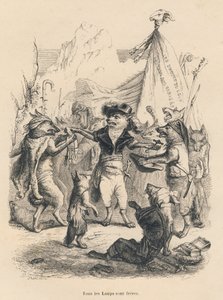 Revolutie van de wolven en vrijheid en recht van de wolf. Vignetten geïllustreerd door JJ Granville. Gravure gesigneerd Godard in het deel 