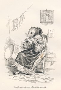 Muis die een sok repareert. Vignetten geïllustreerd door JJ Granville. Gravure gesigneerd Andrew, Best en Leloir in het deel "De filosoof rat" geschreven door Edouard Lemoine in "Scènes uit het privé- en openbare leven van dieren". Parijs, J. Hetzel en Pau door Grandville