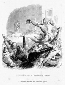 De Romeinen hebben de eerste voorstelling van Hernani door Victor Hugo (1830). Cartoon in 