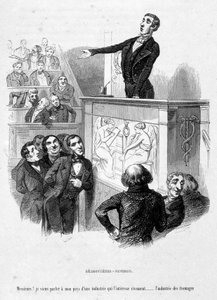 Het personage van Jérôme Paturot ziet zichzelf als Demosthenes, een Atheense spreker en politicus wiens toespraken tot de top van de Griekse welsprekendheid behoren. Cartoon in 