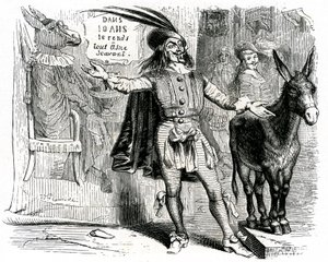 De charlatan: La Fontaine fabel geïllustreerd door Grandville. Editie Garnier 1860. Deze schipper maakt het moeilijk om elke ezel wetenschapper te maken. door Grandville (1803 47)