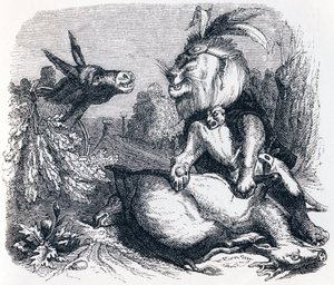 De leeuw en de ezel op jacht - Fabels van La Fontaine door Grandville