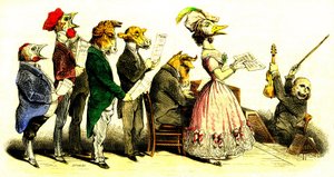 Het Vocale Concert - Koor: Zangers met Dierenhoofden en Koorleider als Aap - Lithografie van Grandville (Jean Ignace Isidore Gerard 1808-1847) uit het Boek 