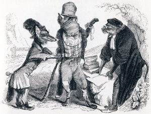 De wolf die tegen de vos pleit voor de aap - Fabels van La Fontaine door Grandville