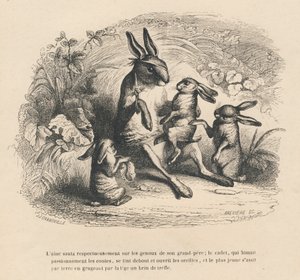 Drie konijnen kinderen die luisteren naar hun gewonde grootvader die verhalen vertelt. Geïllustreerde vignetten door JJ Granville. Gravure gesigneerd door Breviere in het deel "Verhaal van een haas" geschreven door PJ Stahl in "Scènes uit het privé- en ope door Grandville