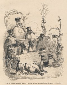 Rechtbank bestaande uit een ooievaar en andere vogels, een mol en een hagedis om de schuldige van de moord op de pad te ontmaskeren door Grandville